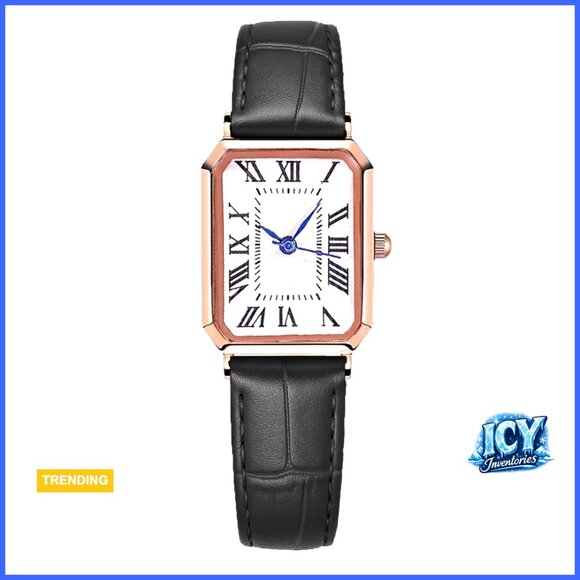 Vintage Quartz Watch with Leather Strap Rectangular Dial